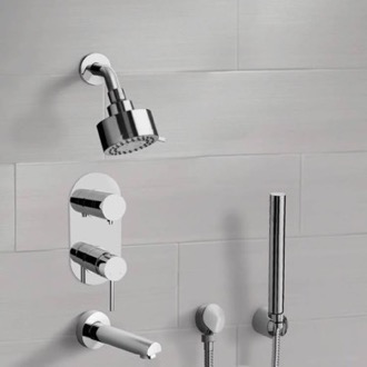 Tub and Shower Faucet Chrome Tub and Shower System with Multi Function Shower Head and Hand Shower Remer TSH61